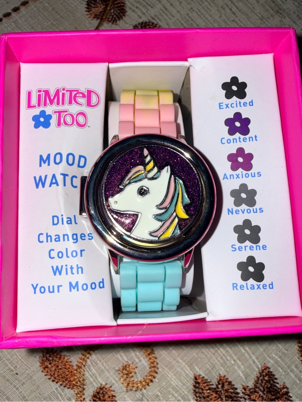 Limited Too Multicolor Unicorn Mood Watch With Pastel colored Face and Band
